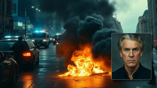 News collage with police raid, burning vehicle, ID photo, urban chaos