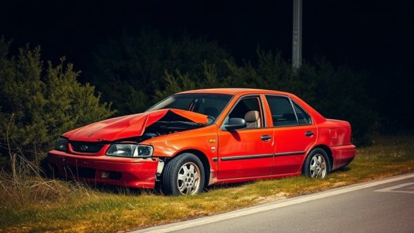 Damaged red car from Houston news accident at night.