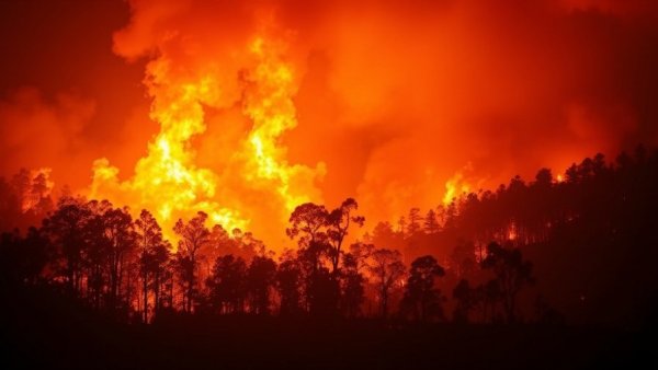 Northeast Houston wildfire glowing through trees at night.
