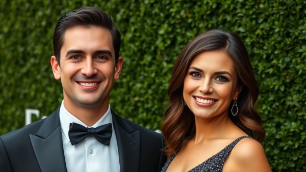 Two people smiling at an outdoor event with a hedge backdrop.