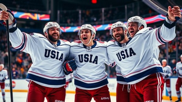 Men's USA hockey team players celebrating victory, related to women's hockey controversy.