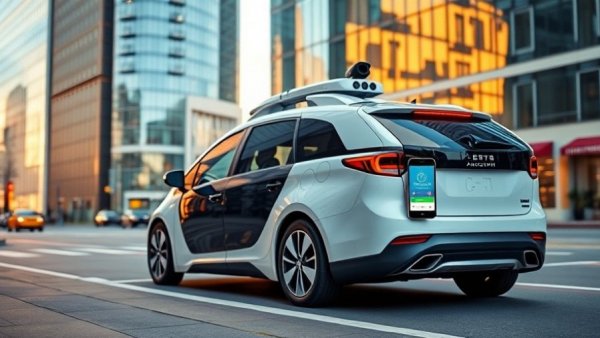 Futuristic autonomous vehicle in Dallas street with ride app display.