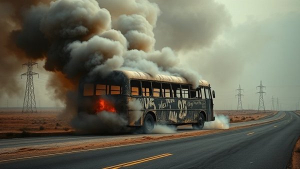 Burnt bus on road amid smoke highlights travel safety in Mexico amid violence.