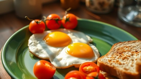 Sunny-side-up eggs with tomatoes on a green plate, 30-30-3 Method breakfast.