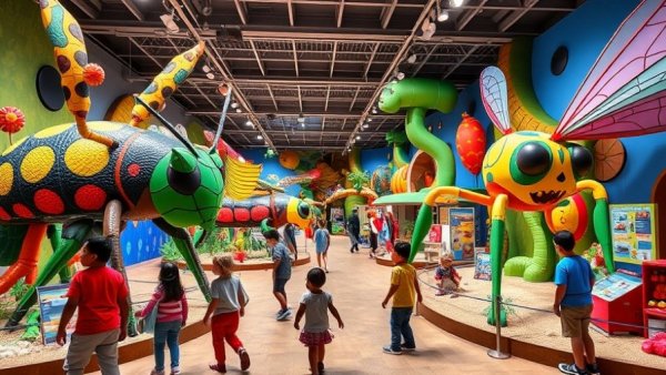 DoSeum Bug Squad Exhibit with children exploring colorful insect sculptures.