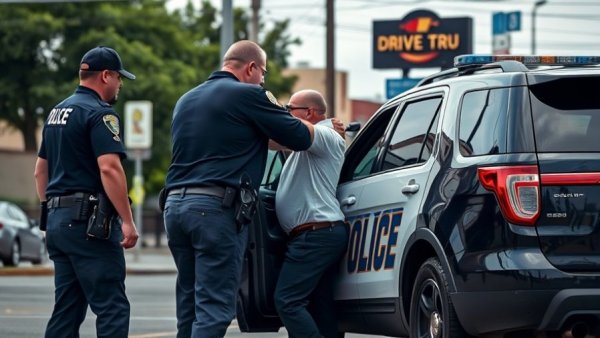San Antonio police officers arrest a man near a police SUV.