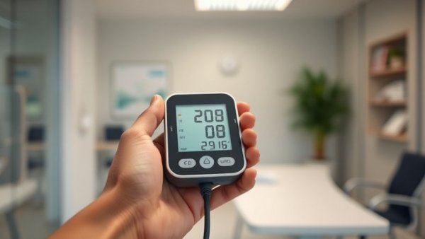 Digital blood pressure monitor held by hands in medical setting, heart disease among young people focus.