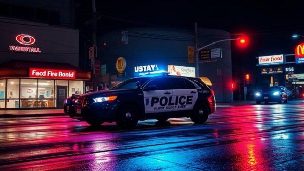 San Antonio police car at night with flashing lights near fast-food outlets, urban setting.