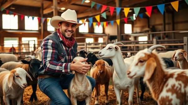 San Antonio Rodeo budget-friendly tips: cowboy petting animals indoors.