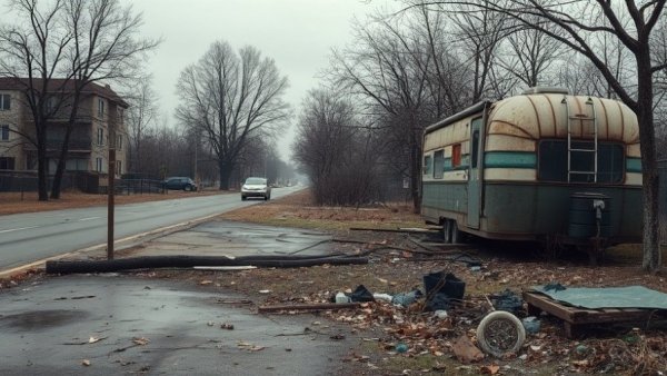 Houston neighborhood road littered with trash and debris under cloudy skies.