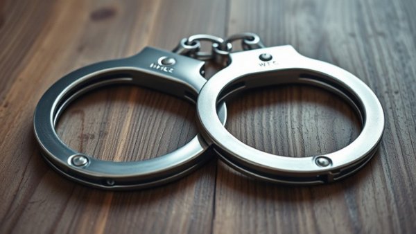 Close-up image of metallic handcuffs on wooden table.