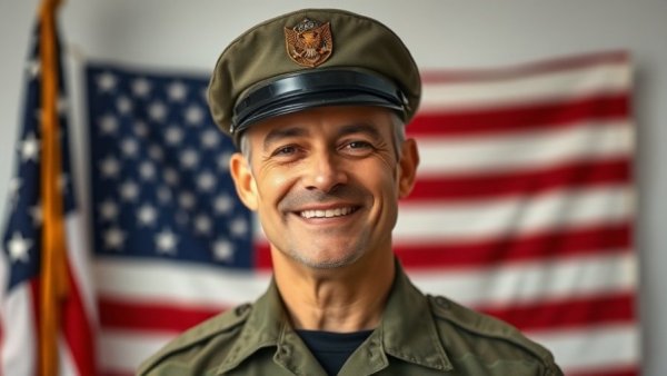 Portrait of a mature man in uniform with glasses, smiling in front of a flag.