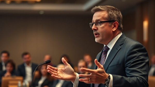 National news event with speaker in suit, addressing audience.