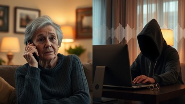 Voice cloning technology risks: distressed woman and hacker contrast