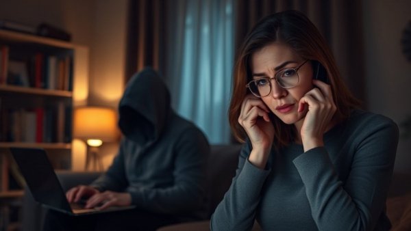 AI voice cloning technology risk illustration with concerned woman and hacker.