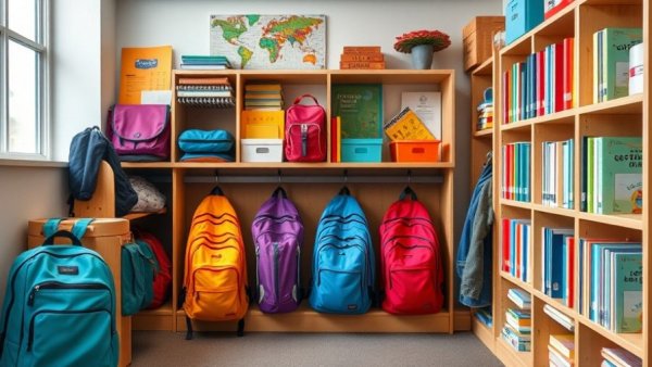 Classroom shelves with backpacks and supplies, Texas education curriculum.