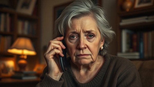 Worried woman on phone linked to voice cloning technology threat.