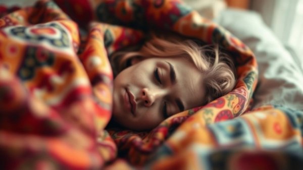 Blurred adult lying under colorful blankets, illustrating sleep.