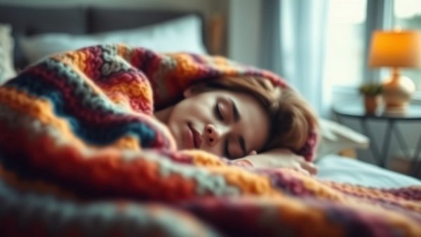 Blurred cozy sleep scene with colorful blanket, adult sleep training.