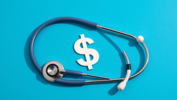 Stethoscope forming a dollar sign on blue background symbolizing healthcare costs.
