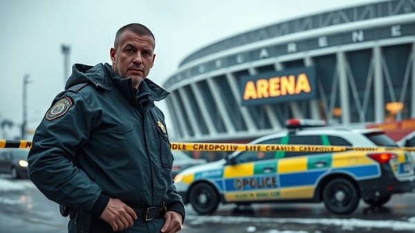 Police officer secures scene at Pawtucket hockey rink shooting, crime scene tape.