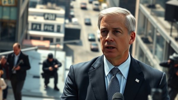 FBI investigation outside LAUSD offices with a man speaking at press conference.