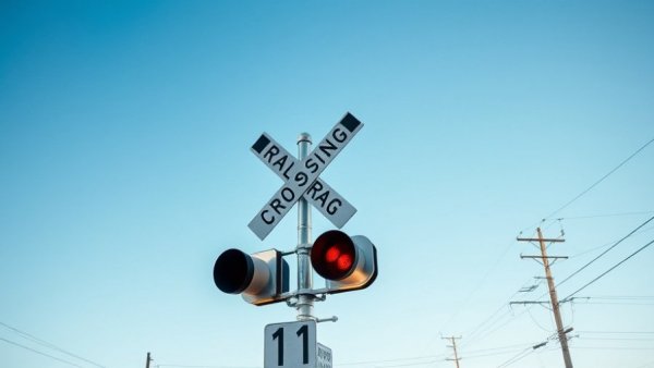 Railroad crossing sign and lights on clear day for real-time train crossing alerts San Antonio.