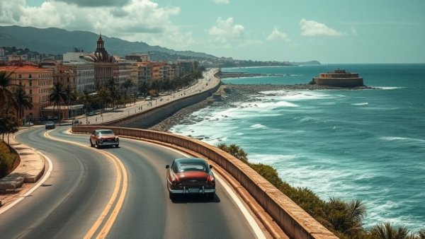 Cuba coastline with vintage cars driving along the seaside road.