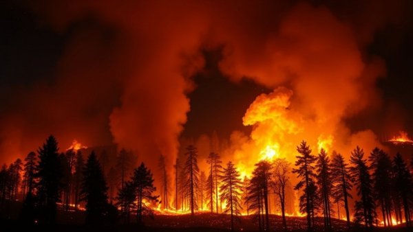 Nebo Mountain Fire engulfing forest in nighttime blaze.