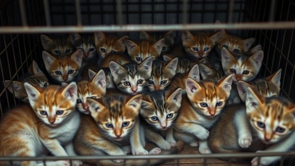 Abandoned kittens huddled in a cage, highlighting neglect.