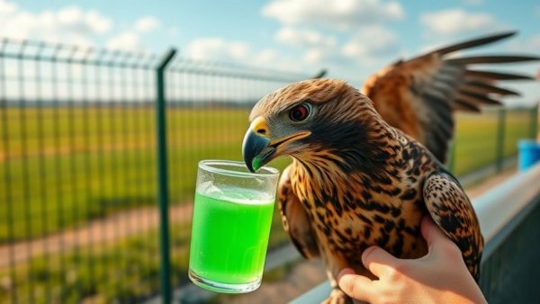 Hawk presented with drink, illustrating animal cruelty consequences.