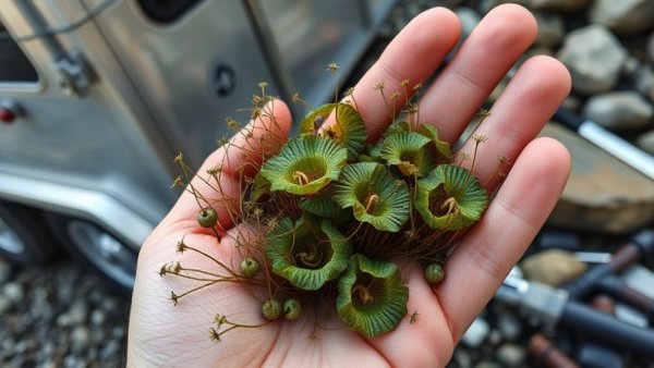 Houston invasive species warning: close-up of plants on trailer and hand.