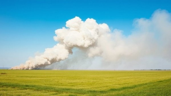 Smoke from barn fire in Madison County over a rural field.