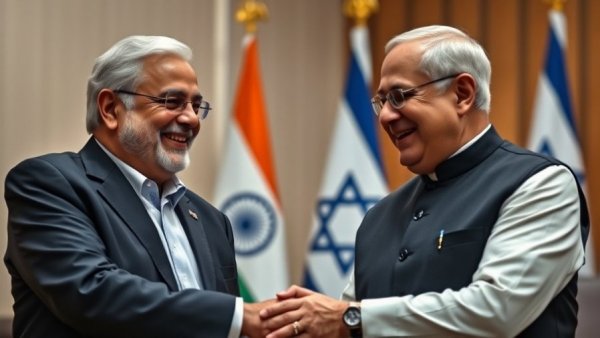 India and Israel strategic partnership handshake, leaders smiling.