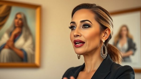 Confident woman speaking passionately indoors with art backdrop.