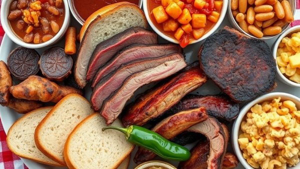 Close-up Texas barbecue platter in New York City with sides.