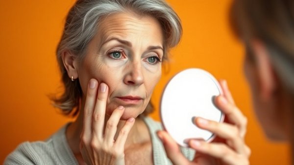 Middle-aged woman examines her skin, linking skin health and dementia.
