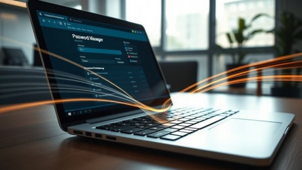 Digital keys represent password management security with laptop.