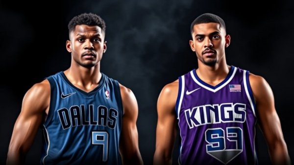 Dallas Mavericks vs Sacramento Kings game poster featuring two players.