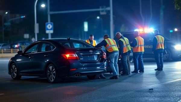 Traffic accident scene at night with two vehicles and emergency responders.
