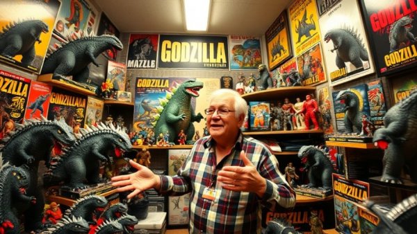 Enthusiastic man with Godzilla collection in colorful room, bright lighting.