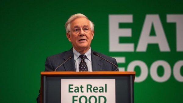 Austin food rally event with speaker at podium, green backdrop.