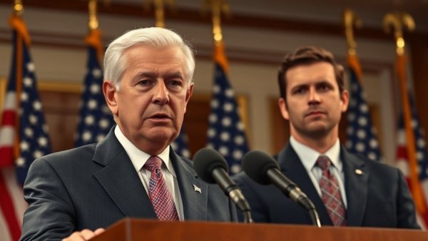 Officials discussing Medicaid funding halt in Minnesota, American flags background.