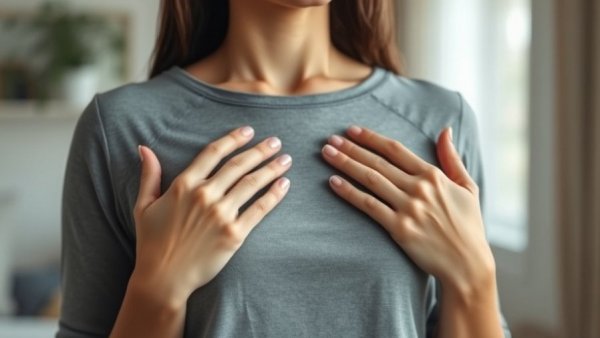 Woman focusing on future women's heart health, hands on chest.