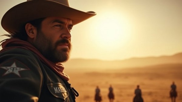 Luke Grimes Montana scene: U.S. Marshal on horseback in the desert