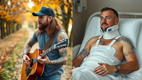 J.D. Graham recovering after semi-truck crash, outdoors with guitar and in hospital bed.