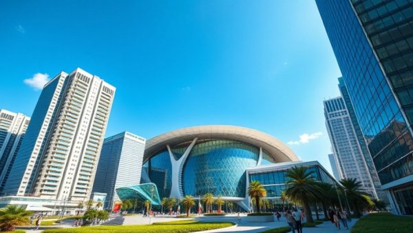 Futuristic Austin Convention Center with skyline, daytime.