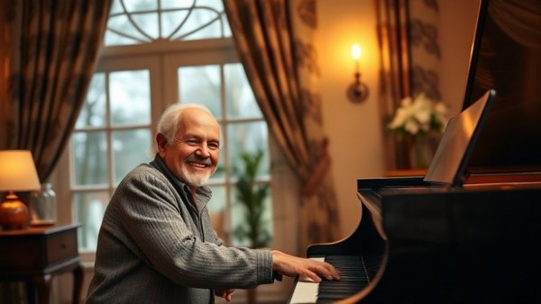 Elderly man playing piano in cozy San Antonio home, local entertainment.