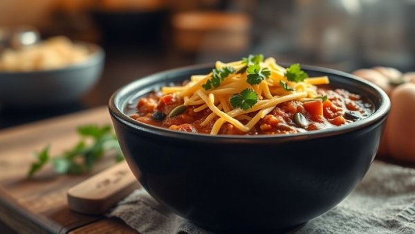 Savory winter chili with cheese and seeds in a rustic bowl