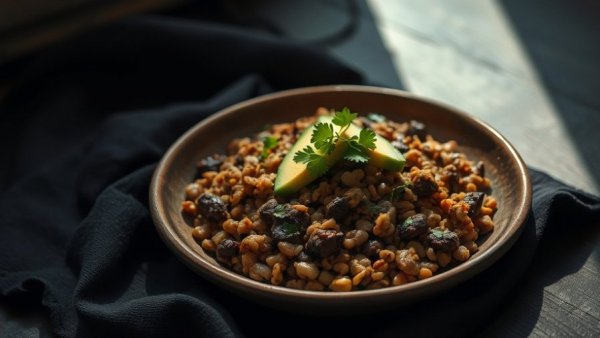Migas with Chili Oil Recipe presented with avocado and herbs.
